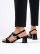 Módní dámské černé  sandály na širokém podpatku