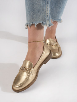 Klasické dámské  mokasíny zlaté na plochém podpatku